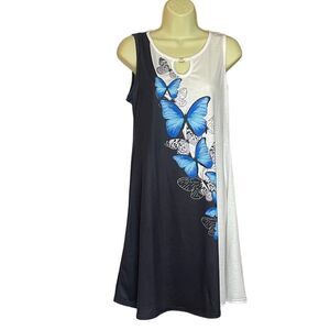 Sleeveless Black White Blue Butterfly Dress Rayon Blend, size Medium